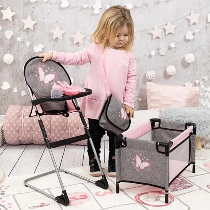 Bayer Design 61733AB Puppenmöbel Set, Puppenhochstuhl mit Esstablett, Puppenbett, Tasche, Schnuller und Zubehör, für Puppen bis 42 cm – Bild 5