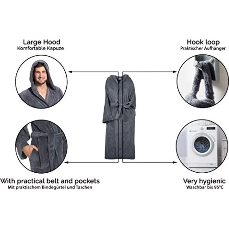 ZOLLNER Unisex-Bademantel, 100% Polyester, Kapuze, Gürtel, Saugstark & Schnell trocknend, wollweiß / marine / weinrot / schwarz / graphit, S-XXL – Bild 2