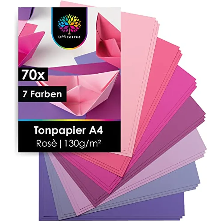 OfficeTree 70 x Tonpapier Rosa A4 - Bastelpapier 130g/m² - 7 Rosa Töne - Fotokarton A4 zum Basteln und Gestalten - Rosa Papier A4 - Bastelpapier Lila - Tonpapier Pink - Origami Papier A4