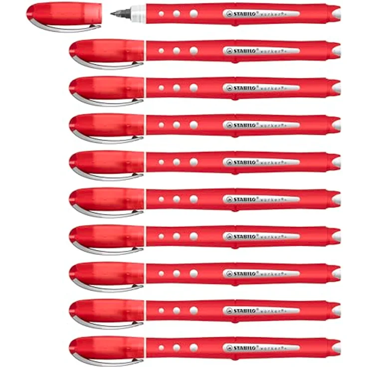 STABILO worker+ colorful, Tintenroller mit ergonomischem Griff und 0,5 mm Strichbreite, 10er Pack, rot