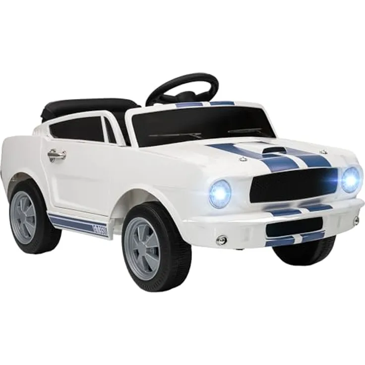 AIYAPLAY Ford Shelby GT 350 Elektroauto, 12V Kinderfahrzeug mit 2,4 GHz Fernbedienung, 2 Motoren, Hupe, LED, Musik für 3-6 Jahre, Weiß