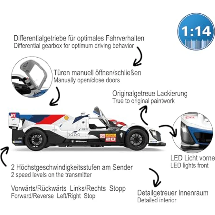 JAMARA BMW M Hybrid V8 LMDH 1:14, Ferngesteuertes Modellauto mit 2,4 GHz Steuerung, manuell zu öffnenden Türen, weiß – Bild 4
