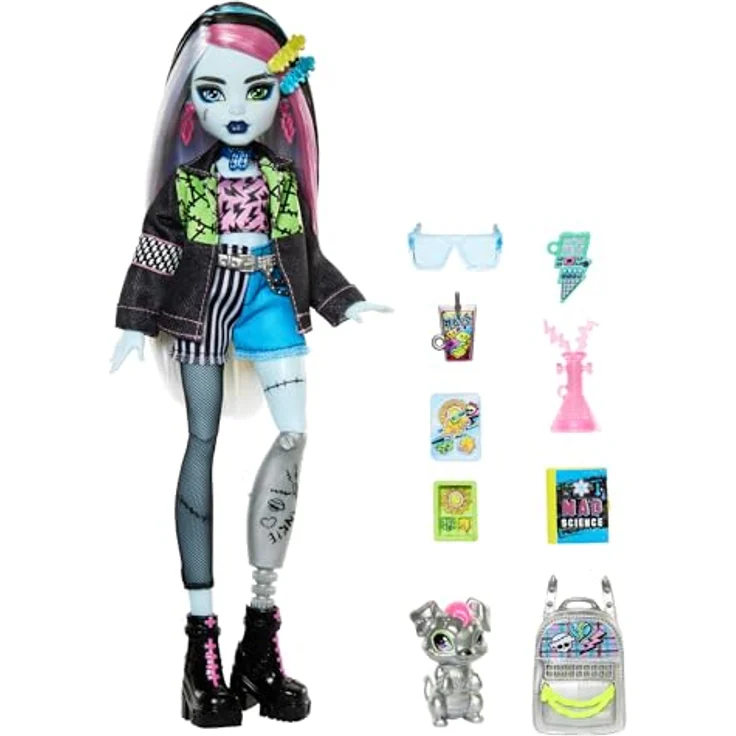 MonsterHigh™ Anziehpuppe Monster High, Frankie Stein mit Haustier Watzie, Patchwork-Jeans-Outfit – Bild 4
