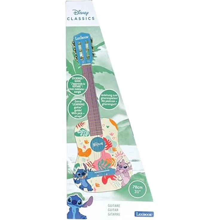 Lexibook Disney Stitch, Meine erste Akustikgitarre aus Holz, 78 cm (30"), 6 Nylonsaiten, inklusive Lernanleitung, Plektrum und Gurt, Blau, K2000D – Bild 5