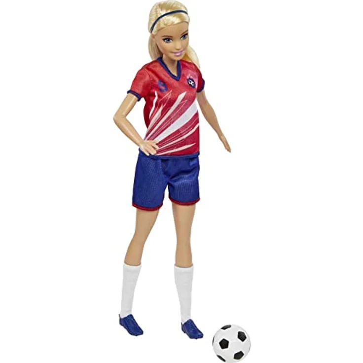 Barbie HCN17 - Fußball-Spielerin Puppe (blonde Haare) im roten Trikot mit blauen Shorts, Stollen-Schuhen und weißen Stutzen, inklusive Fußball, Spielzeug für Kinder ab 3 Jahren – Bild 3