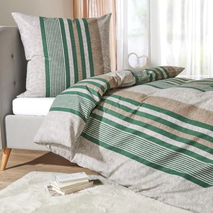 Traumschlaf Feinflanell Bettwäsche Mountain Stripe Forest, 100% Baumwolle, warme Winterbettwäsche, 135x200 cm + 80x80 cm, modernes Streifendesign – Bild 2