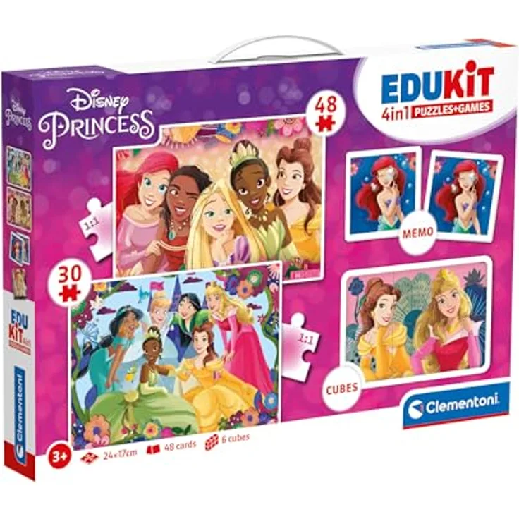 Clementoni Edukit 4 in 1 Disney-Prinzessinnen (Memory, Puzzle 30 und 48 Stücke, 6 Würfel) - pädagogische Spiele für Kinder - Memory und Logik-Spiel 18297