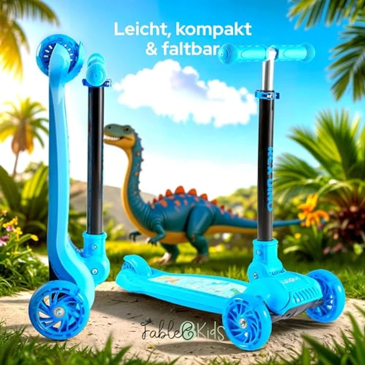 FableKids Kinderroller Tretroller Cityroller Blau, höhenverstellbar, klappbar, mit LED-Leuchträdern, für Kinder ab 3 Jahren – Bild 4