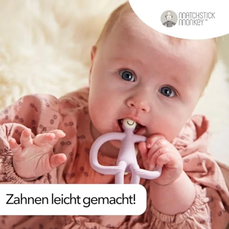 Matchstick Monkey Beißring Affe Original - Baby Zahnungshilfe - weiche Noppen massieren wundes Zahnfleisch - 100% Silikon - BPA-frei - Greifling für Zahnen - ab 3 Monaten (flieder) – Bild 5