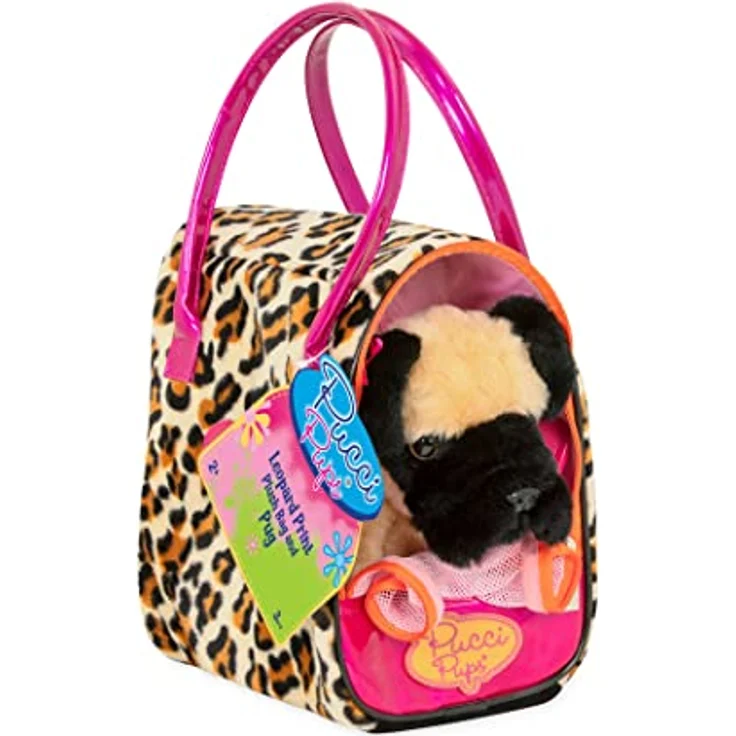 Pucci Pups Mops Kuscheltier Hund in Handtasche mit Zubehör – Plüschtier Welpe in Leopardenmuster Tasche – Spielzeug für Kinder ab 2 Jahre – Bild 5