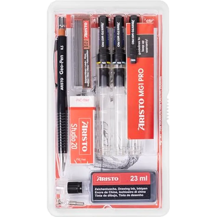 Aristo Tuschstift mg1 3er Set, Schwarz, mit Strichstärken 0,35 mm, 0,50 mm, 0,70 mm, inkl. Feinminenstift und Nachfülltusche