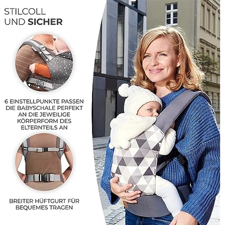 Kinderkraft Babytrage NINO CONFETTI, Rückentrage, Bauchtrage für Säuglinge und Kleinkinder, Baby Carrier, Kindertrage, Ergonomisch, aus Baumwolle, ab 3 Monate bis 20 kg, Grau – Bild 6