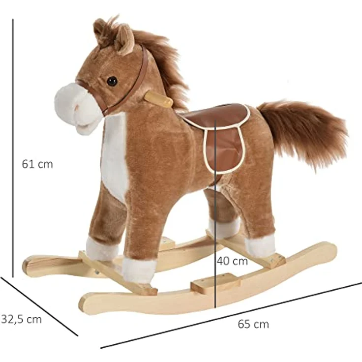 HOMCOM Kinder Schaukelpferd Baby Schaukeltier Pferd mit Tiergeräusche Spielzeug Haltegriffe für 36-72 Monate Plüsch Braun 65 x 32,5 x 61 cm – Bild 3