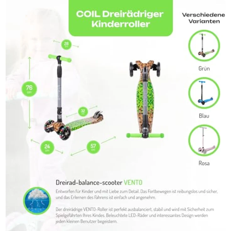 COIL Kinderroller VENTO, Dreiradscooter mit LED-Rädern und ABEC-7-Lager, Game – Bild 2