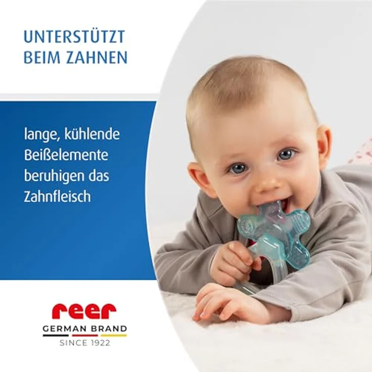 Reer Bite&Cool Kühlbeißring, drucklinderndes Zahngel für Babys ab 3 Monaten, transparent & blau – Bild 2