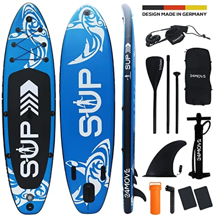 24MOVE® Sup Board Set, Premium aufblasbares Stand Up Paddle Board, Yoga Board, Action Cam Ready, inkl. Zubehör, Doppelhub Pumpe, Anti-Rutsch, blau, 320x80cm, bis 150kg