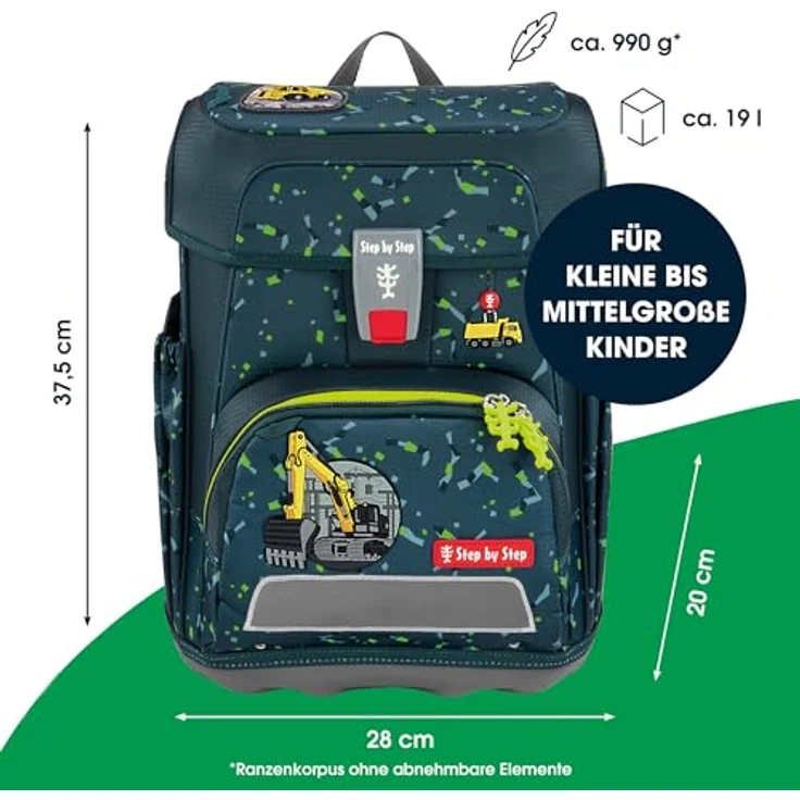 Step by Step Schulranzen-Set Cloud „Bagger Rocco“, 5-teilig, grau, ergonomischer Tornister mit Reflektoren, höhenverstellbar, 19L für Jungen ab der 1. Klasse – Bild 2