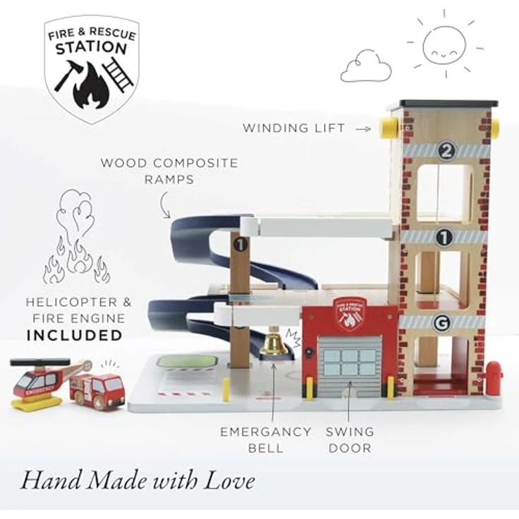Le Toy Van TV453 Spielzeug-Feuerwache, FSC-zertifiziertes Holz mit Feuerwehrauto, Hubschrauber, Garage, Aufzug und Notrufglocke für Kinder ab 3 Jahren – Bild 4