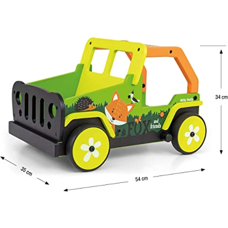Milly Mally Explorer, Kinder Lauflernwagen aus Holz, Push-Pull Lauflernhilfe für 1-3 Jahre, mit Bremse und geräumigem Kofferraum, Fox and Friends Design – Bild 5