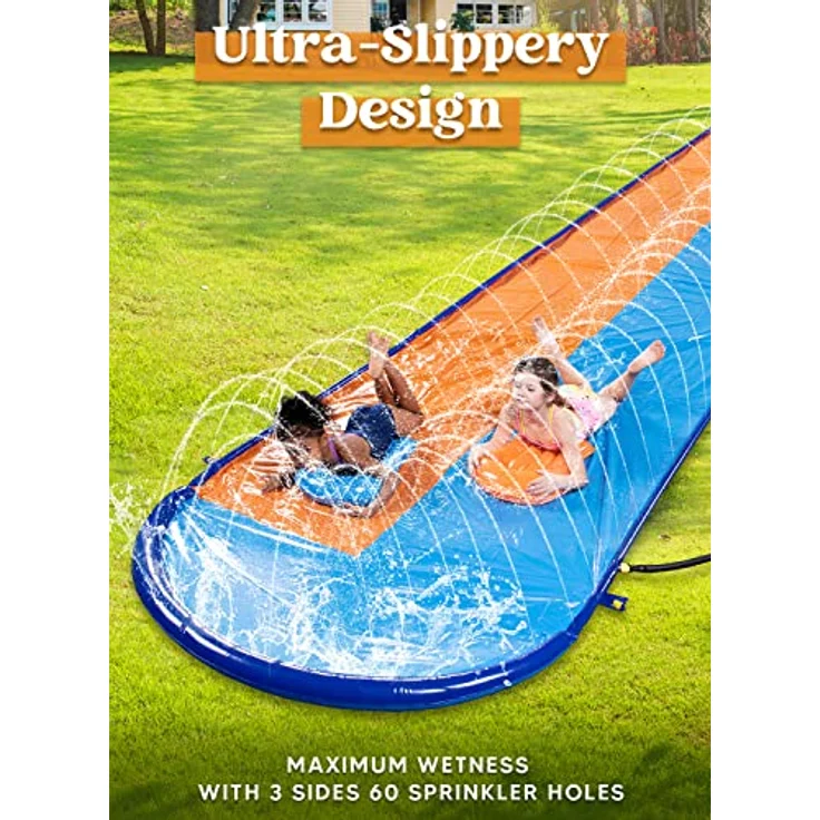 Sloosh Doppelte Rasen-Wasserrutsche 22,5ft x 62in mit Sprinkler und 2 aufblasbaren Boards, ideal für Garten und Sommerpartys, hochwertige rutschfeste Oberfläche – Bild 5