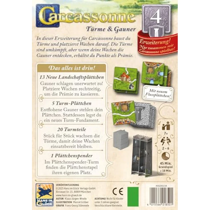 Hans im Glück Carcassonne – Türme und Gauner, 4. Erweiterung für Familienspiel, 2-6 Spieler, 7+, 45 Minuten, Deutsch – Bild 3
