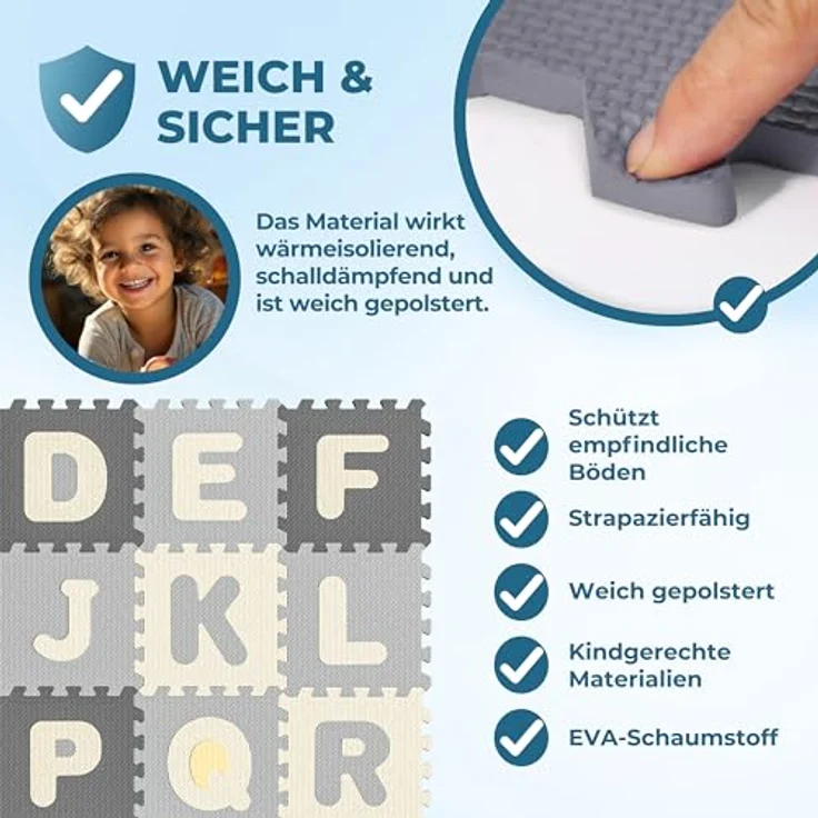 Spielwerk® 86-teilige Puzzlematte Baby Kinder 3,3m² Spielmatte Bodenschutzmatte Krabbelmatte Buchstaben Zahlen ABC Lernteppich XXL Schaumstoff Grau – Bild 3