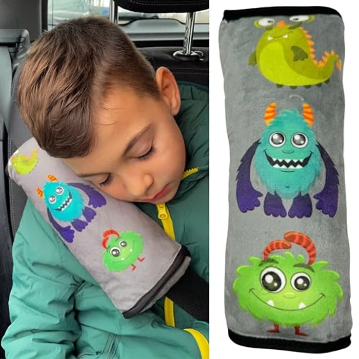 HECKBO Auto Schlafkissen Monster Motiv für Kinder Mädchen Jungen - maschinenwaschbar – kuschelweich - Auto Gurtkissen, Gurtschoner, Gurtschutz Sitzerhöhung, Auto Kissen, Reisekissen, Urlaub – Bild 2