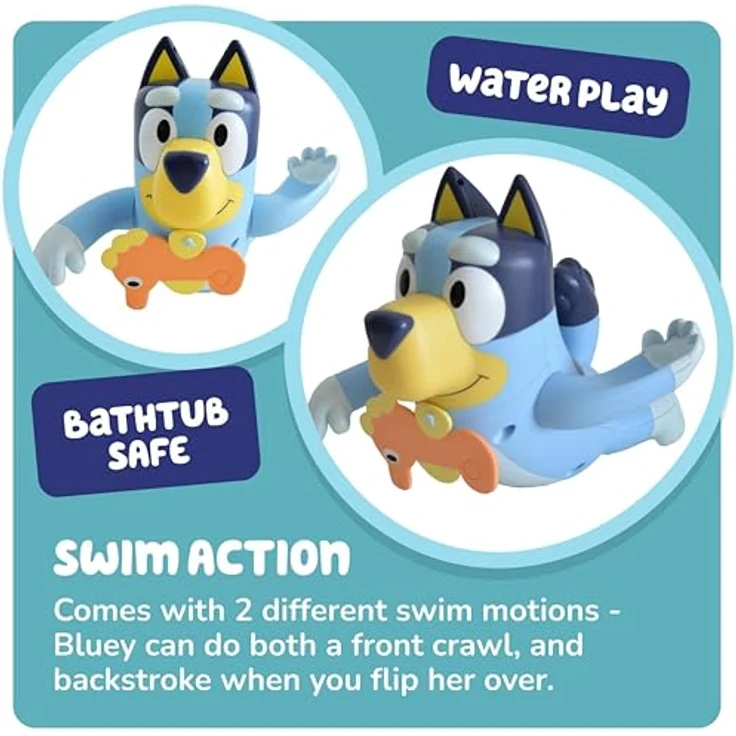 Toomies Swimming Bluey - Kleinkind Badespielzeug mit Zugschnur Seepferdchen, schwimmt auf Vorder- und Rückseite - Baby Badespielzeug & Schwimmbadspielzeug, blau – Bild 3