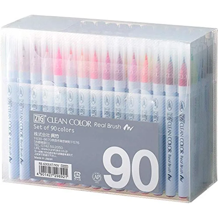 Kuretake Zig Clean Color Real Brush 90-Farben-Set, AP-zertifiziert, flexible Pinselspitze, geruchlos, Xylol-frei, ideale für Aquarell, Kalligraphie und Illustration