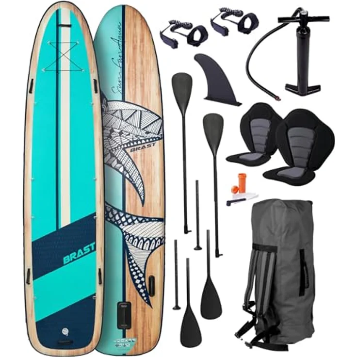 BRAST® SUP Board Family XXL, aufblasbares Stand up Paddle Set mit 370x87x15cm, Tragkraft bis 210kg, Shark Natural, inkl. 2 Kajak-Sitze, 2 Paddel, Pumpe und Rucksack – Bild 1