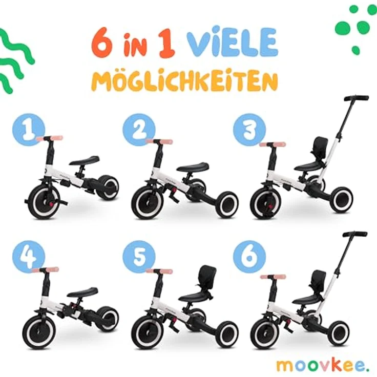moovkee Dreirad ab 1 Jahr mit Schubstange 6in1 - Laufrad ab 1 Jahr - Baby Fahrrad, Stahlrahmen, Gummiräder, 9 Zoll Vorderrad - Blau – Bild 3