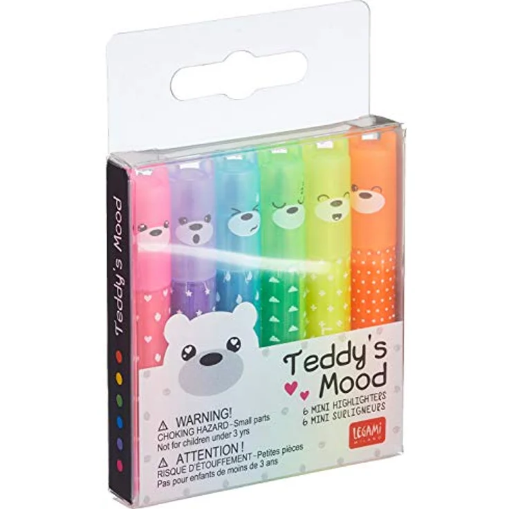 Legami - 6er Set Mini Textmarker Teddy's Mood, 6 Stück (1er Pack) – Bild 1