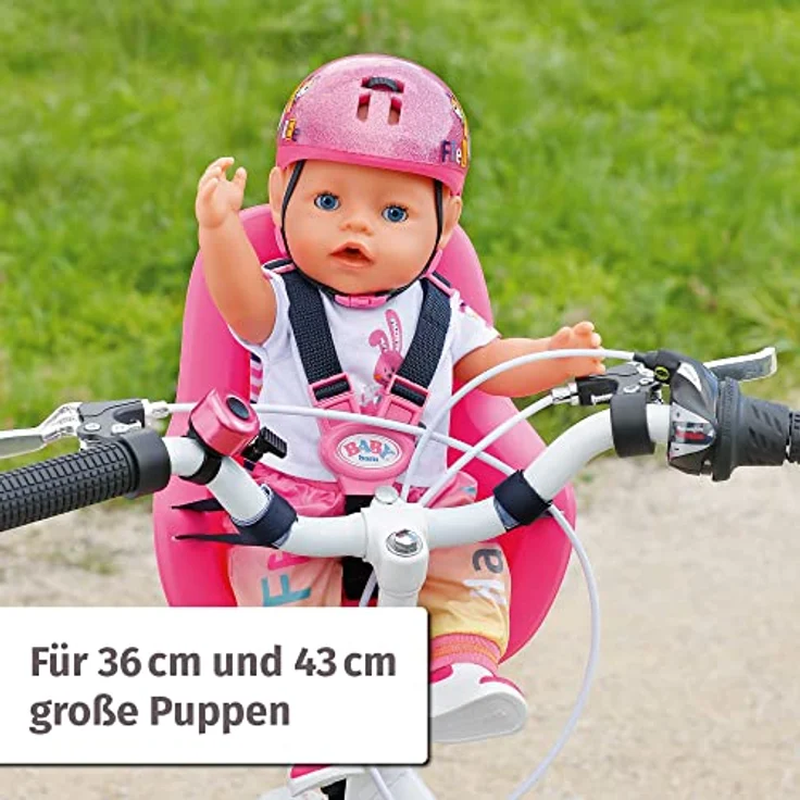 BABY born Zapf Creation 834329 Fahrradsitz-Puppenfahrradsitz für 36cm und 43cm große Puppen mit Klettsystem für Lenker vieler Kinderräder und 3-Punkt-Gurt, pink – Bild 5