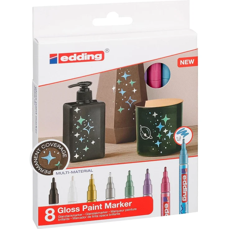 Edding, Marker, Glanzlackmarker (Hellblau Metallic, Violett Metallic, Golden, Silbern, Weiss, Rosa metallic, Grün Metallic, Schwarz, 1.20 mm) – Bild 1