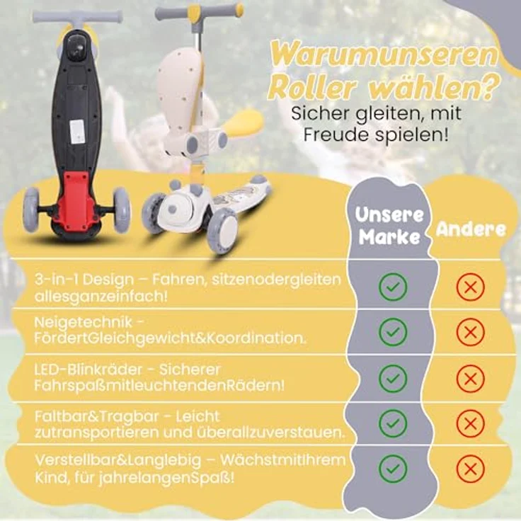 Habib Gruppe Kinderroller Tretroller 3-in-1 Faltbar mit Sitz, LED-Rädern, Verstellbar & Leicht für Kinder (1-12 Jahre) - Grau – Bild 4
