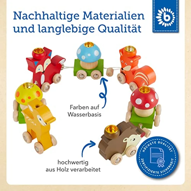 Bieco Holz Geburtstagszug Waldtiere mit Zahlen 0-9 Jahre | 17 tlg, Länge ca. 59 cm | Kerzen Geburtstagszug | Holz Eisenbahn Kinder Geburtstagszug Holz | Geburtstagskerzen Zahlen | Holz-Zug – Bild 6
