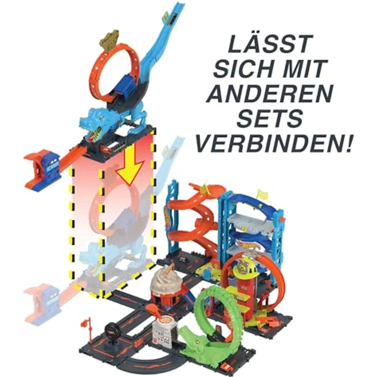 Hot Wheels HNP77 - HW City Trackset mit 1 Spielzeugauto, Riesenlooping, großer besiegbarer Dinosaurier, Stunt- und Renn-Spielset mit T-Rex-Looping-Stunt, Spielzeug Autos ab 4 Jahren – Bild 8