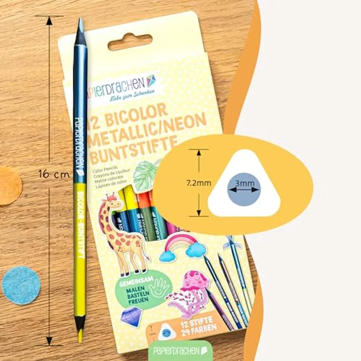 Papierdrachen 12 Bicolor Buntstifte Set, 24 satte Farben, Holz, dreieckig, bruchsicher, ideal für Schule und Kindergarten – Bild 3