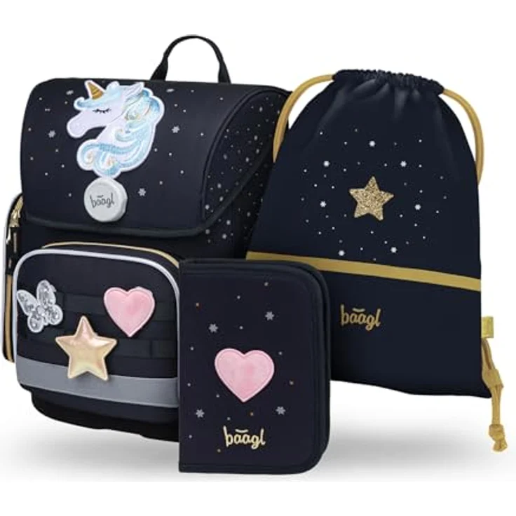Baagl Schulranzen Set 3-teilig Ergo, Mädchen, Unicorn Gold, ergonomisches Design, Fidlock-Verschluss, wasserabweisend, 19 l Volumen – Bild 1