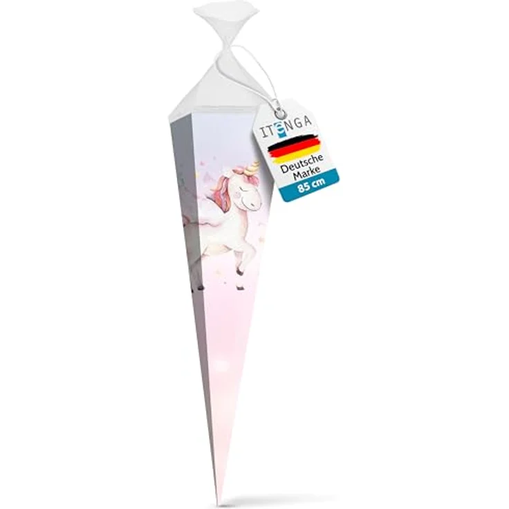 itenga Motiv Schultüte Mädchen 85cm, eckig mit Tüllverschluss, stabile Zuckertüte Einschulung mit Einhorn Wasserfarben Design – Bild 1