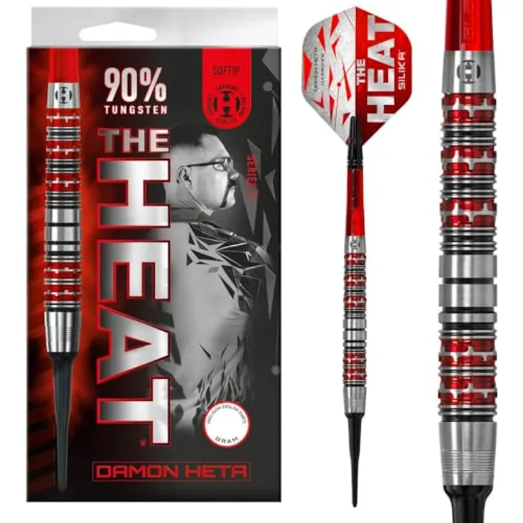 Harrows Damon Heta G3 Softtip, Dartpfeile aus 90 % Tungsten mit schwarzer und roter galvanischer Beschichtung, inklusive rote Alamo VS2-Schäfte und 100 Micron Silika beschichtete Flights
