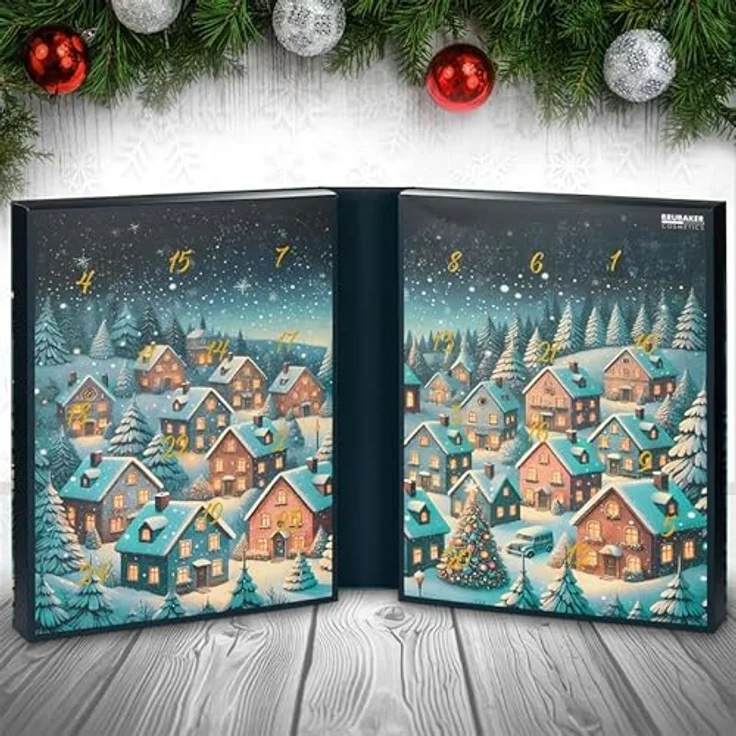 BRUBAKER Cosmetics XXL Beauty Adventskalender 2025, Aufklappbares Weihnachtsdorf im Schnee mit 24 Wellness-Überraschungen, Zedernholz & Würziger Orange Duft – Bild 3