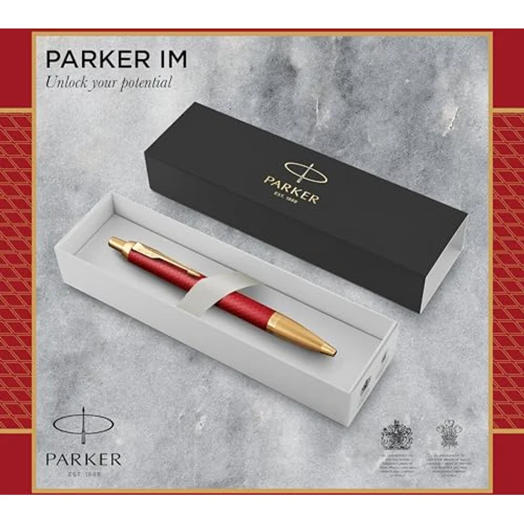 Parker IM Premium G.C. M, Kugelschreiber mit goldfarbenem Zierring und mattrotem Schaft, Schreibfarbe Blau, Nachfüllbar in Geschenkschachtel – Bild 2