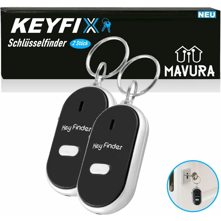 MAVURA Schlüsselanhänger KeyFinder Schwarz [2er Set] mit Pfeifen und LED-Taschenlampe