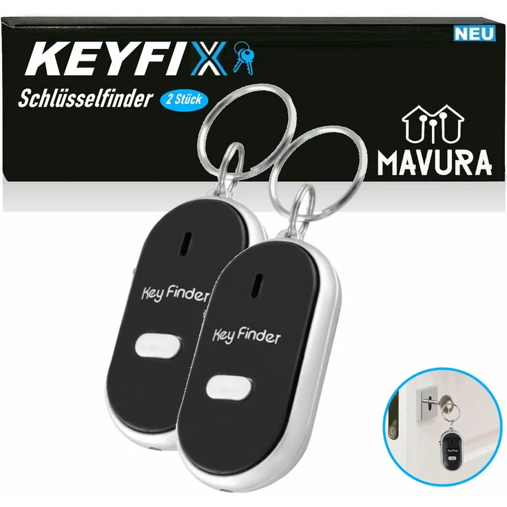 MAVURA Schlüsselanhänger KeyFinder Schwarz [2er Set] mit Pfeifen und LED-Taschenlampe