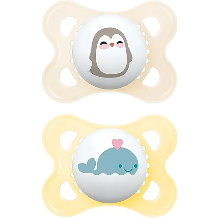 MAM Original Schnuller im 2er-Set, zahnfreundlicher Baby aus nachhaltigen & bio-erneuerbaren Materialien, Sauger SkinSoft Silikon, mit Schnullerbox, 0-6 Monate, Pinguin/Wal – Bild 1