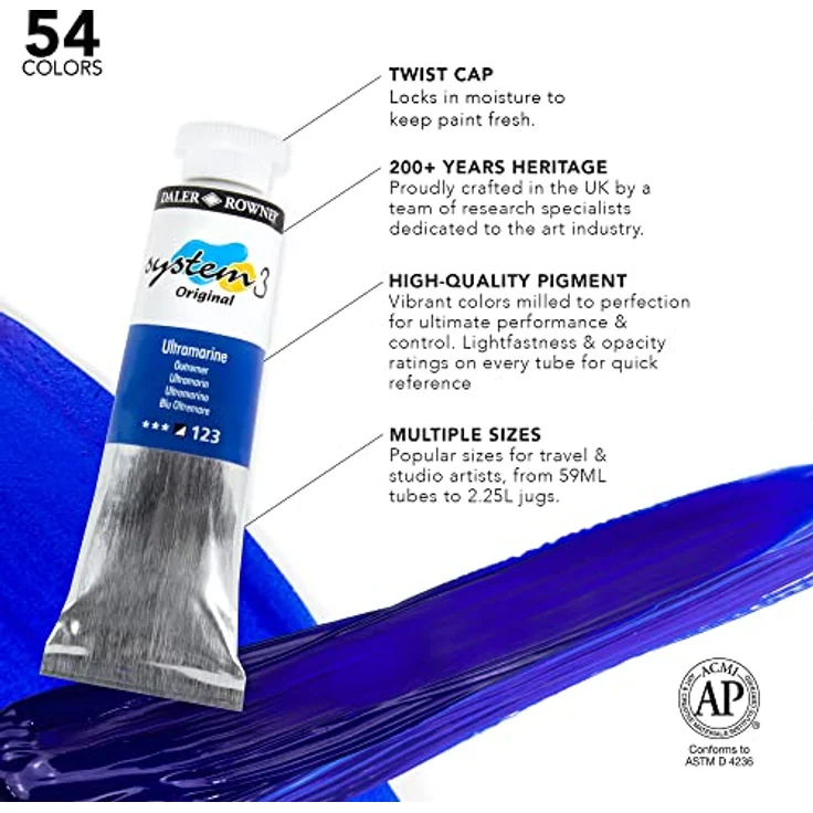 Daler Rowney SYSTEM3, Acrylfarben Studioset 10 x 37ml in Premium-Qualität, vielseitig einsetzbar, hohe Deckkraft, 10 Farben – Bild 4