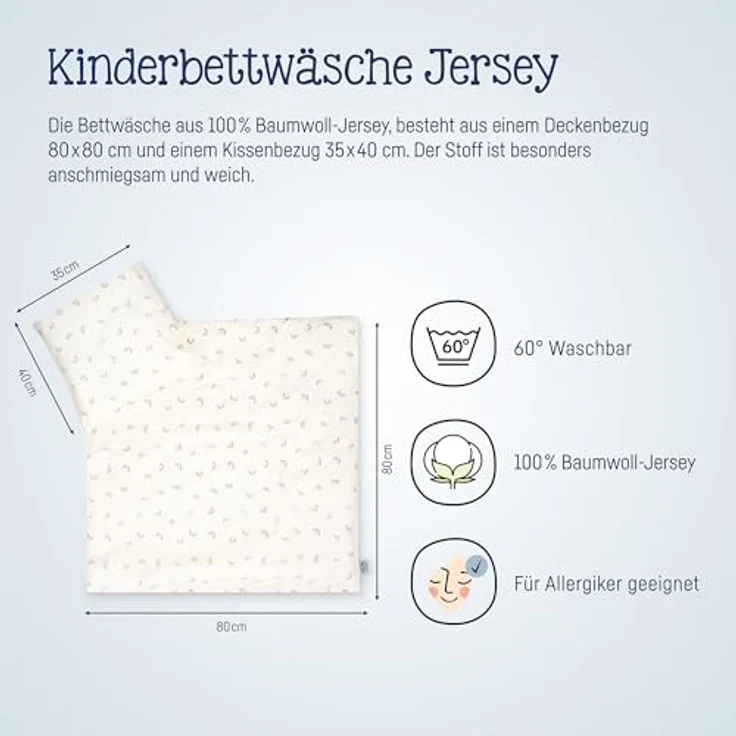 Julius Zöllner Bettwäsche Jersey Little Bow, 2-teiliges Set, Schadstoffgeprüft, Gr. 80x80 cm und 35x40 cm, hautfreundlich und atmungsaktiv – Bild 3
