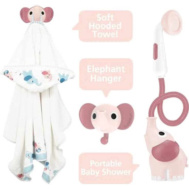 Yookidoo Duschkopf für Baby-Badewanne, Elefanten-Wasserpumpe mit Stammauslauf, 2-Tasten-Wasserflusskontrolle, für Neugeborene, Blush Pink – Bild 3