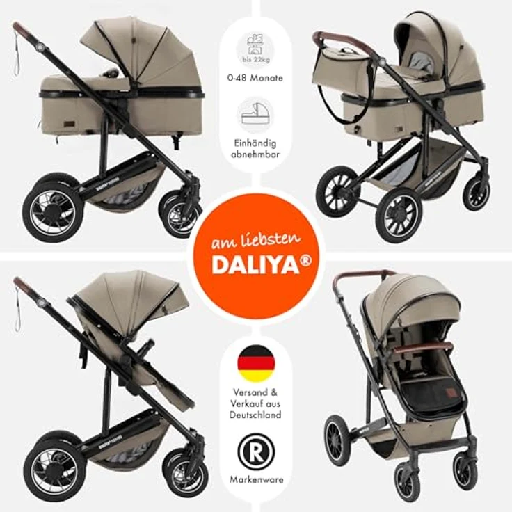 Daliya FLEXI-PRO M 2in1 Kombikinderwagen, klappbar mit Liegefunktion, höhenverstellbar, abnehmbarer Babywanne und großem Einkaufskorb, Beige Leinen – Bild 2